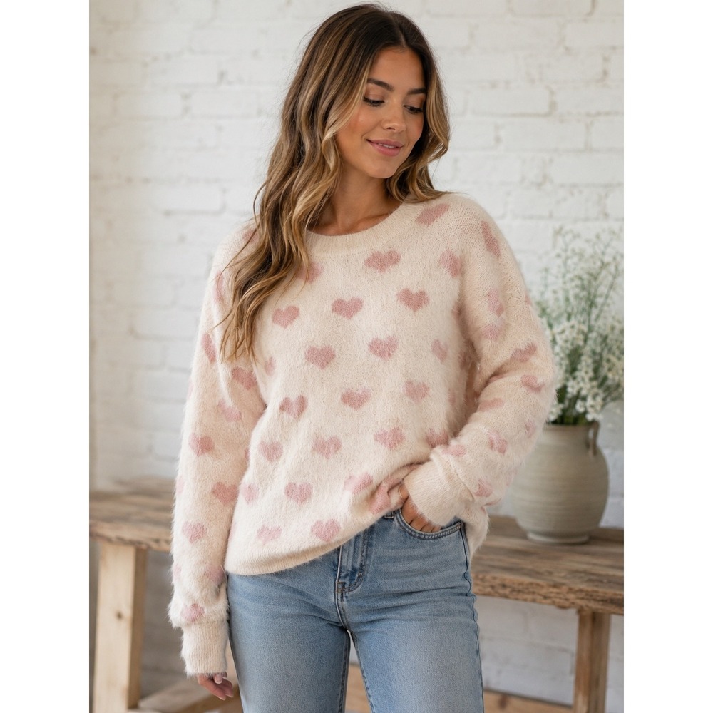 Pink Lily Fuzzy Heart Sweater Medium Cream Pink Coquette Romantic Soft Girl